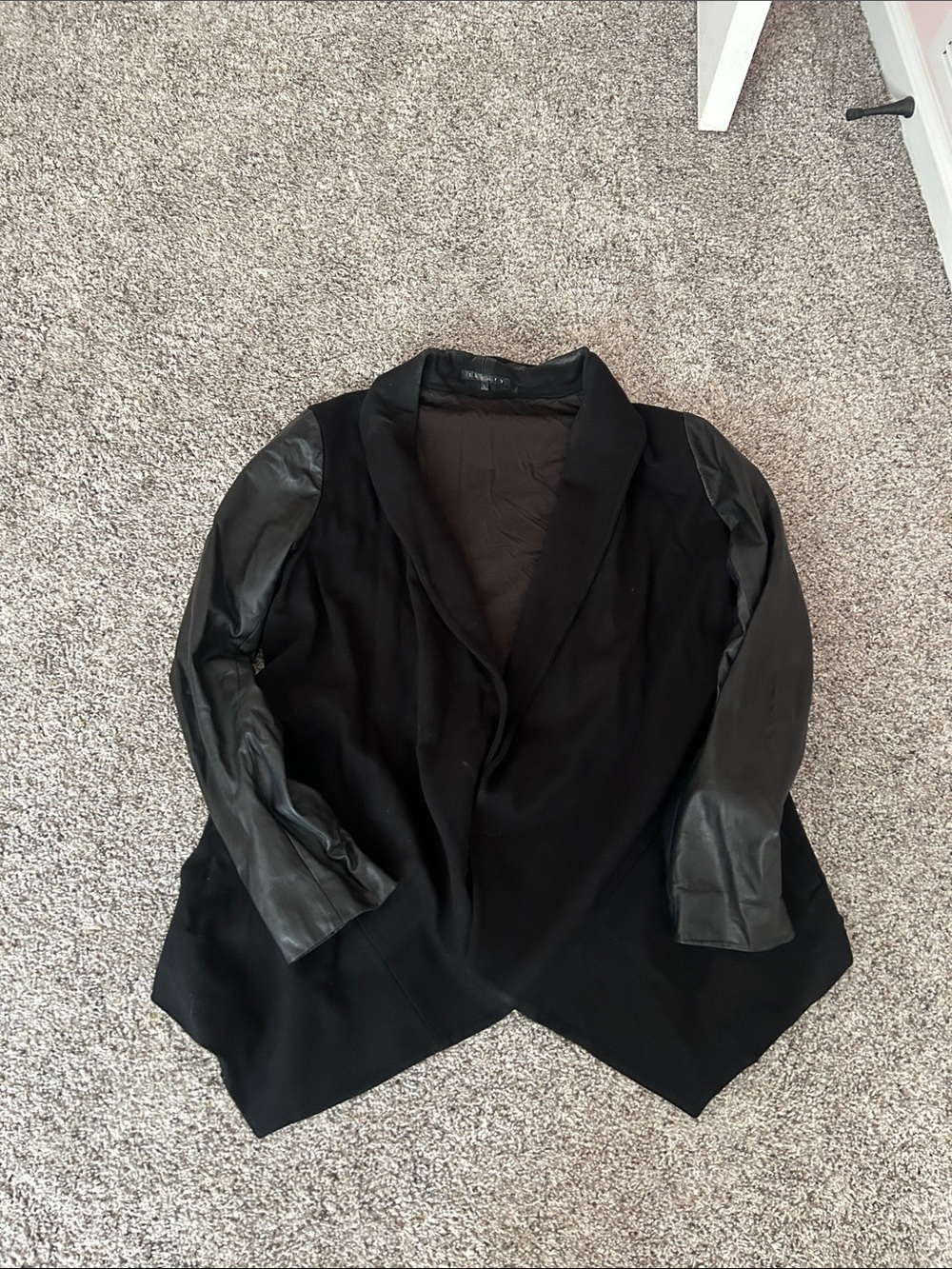 Theory Black Draped asymmetrical Blazer with Faux Leather Sleeves Sz L